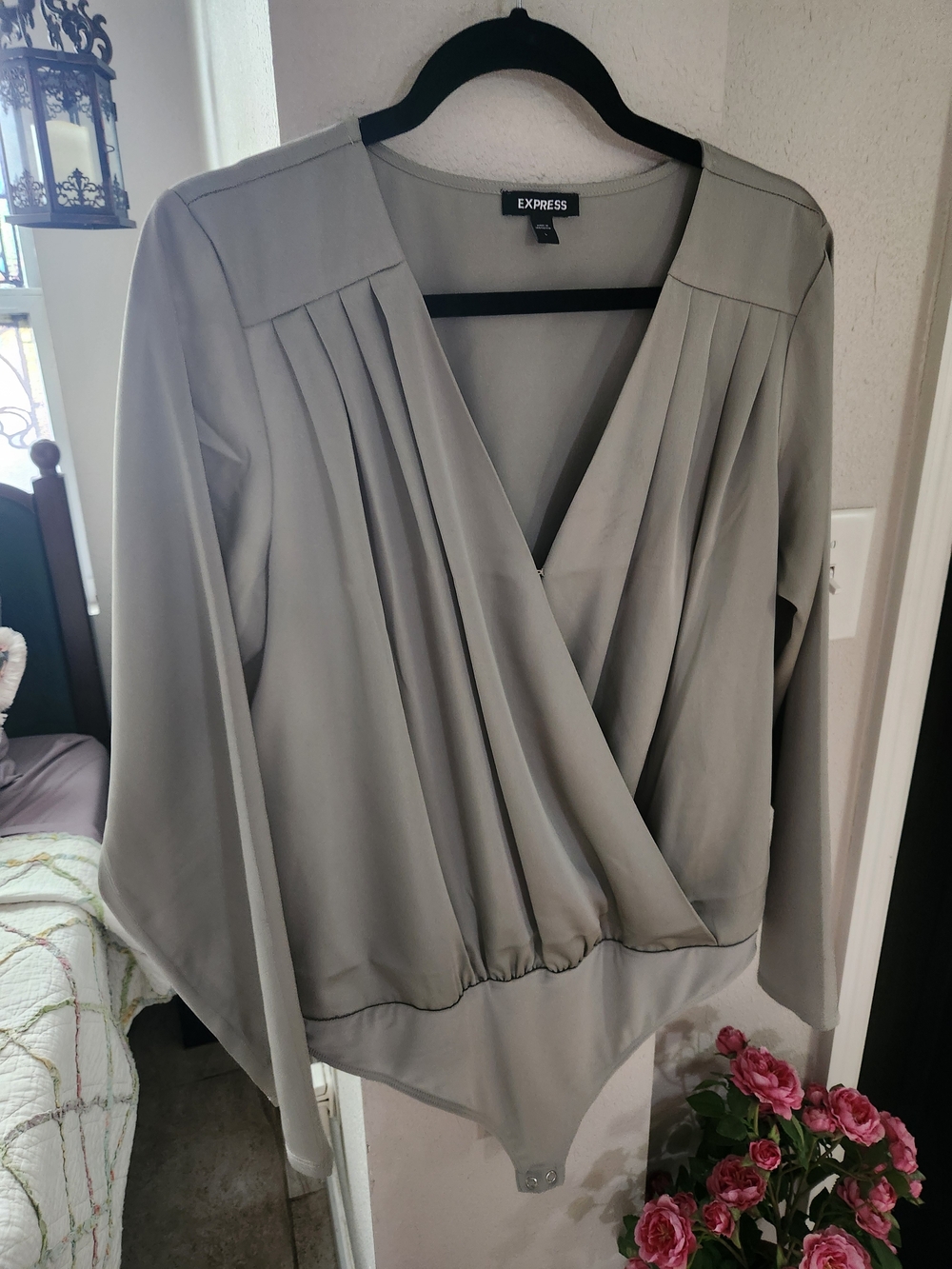 Express Light Olive Green Pleated Surplice Long-Sleeve Bodysuit